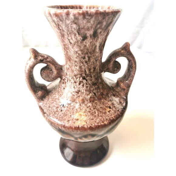 12.5" Vintage MCM Double Handle Urn Vase Brown White Drip Glaze Pottery 1960s - Picture 8 of 9